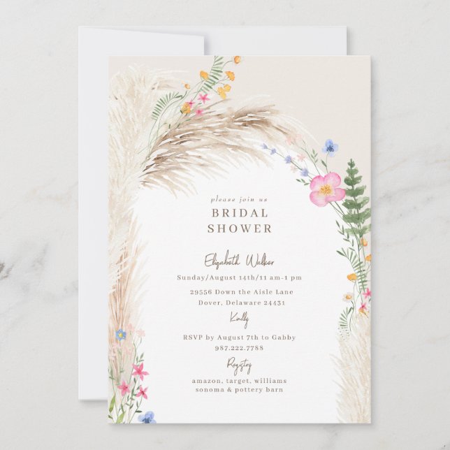 Cream Boho Pampas Wildflower Bridal Shower Invitation (Front)