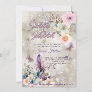 Cream bokeh Butterfly boho floral sweet sixteen Invitation