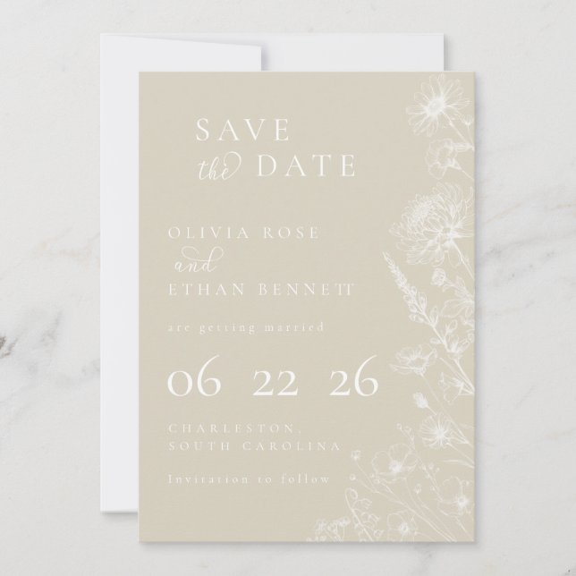 Cream Botanical Minimal Wedding Save the Date (Front)