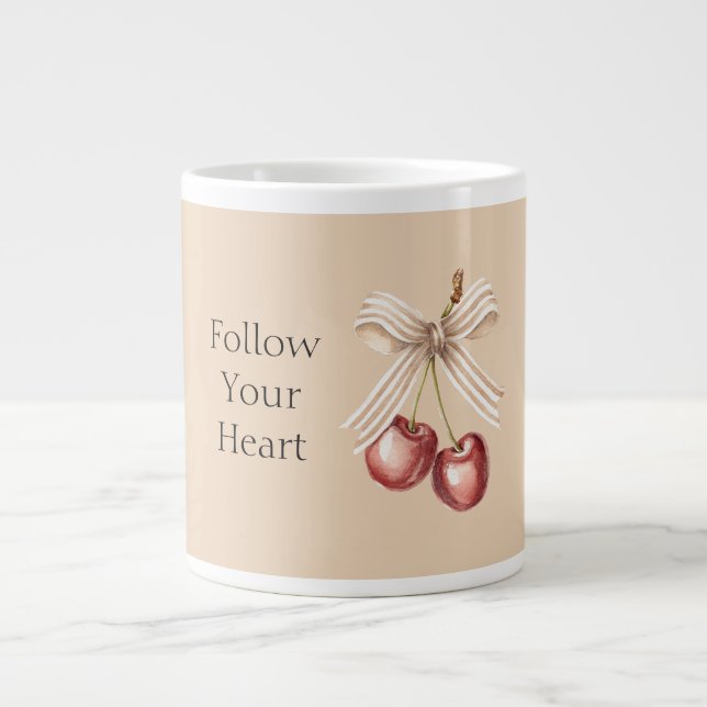Cream Bow Red Cherries   Large Coffee Mug (Front)