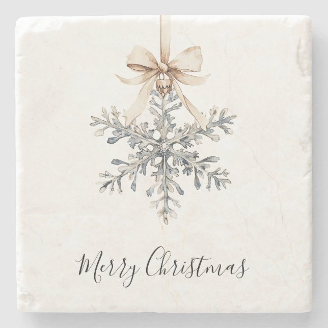 Cream Bow Silver Snowflake Stone Coaster (Front)