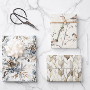 Cream Bronze Blue Birds Pine Cones Christmas Wrapping Paper Sheet