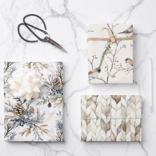 Cream Bronze Blue Birds Pine Cones Christmas Wrapping Paper Sheet (Front)