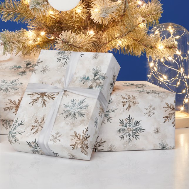 Cream Bronze Blue Snowflakes Christmas Wrapping Paper (Holidays)