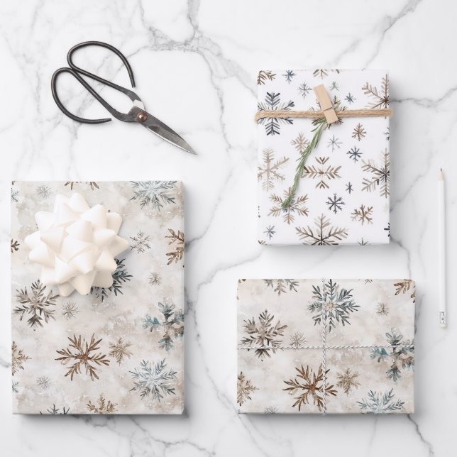 Cream Bronze Blue Snowflakes Christmas Wrapping Paper Sheet (Front)