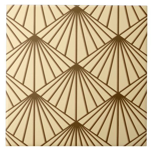 Cream & Brown Art Deco Fan Pattern Diamond Ceramic Tile (Front)