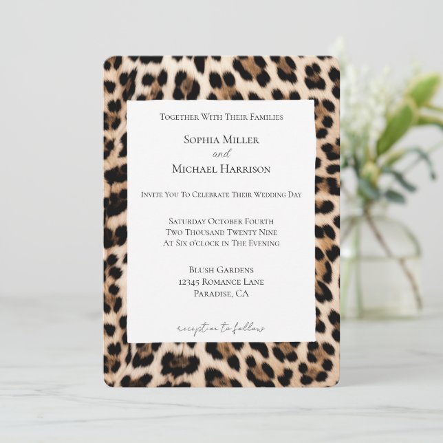 Cream Brown Black Leopard Animal print Wedding Invitation (Standing Front)