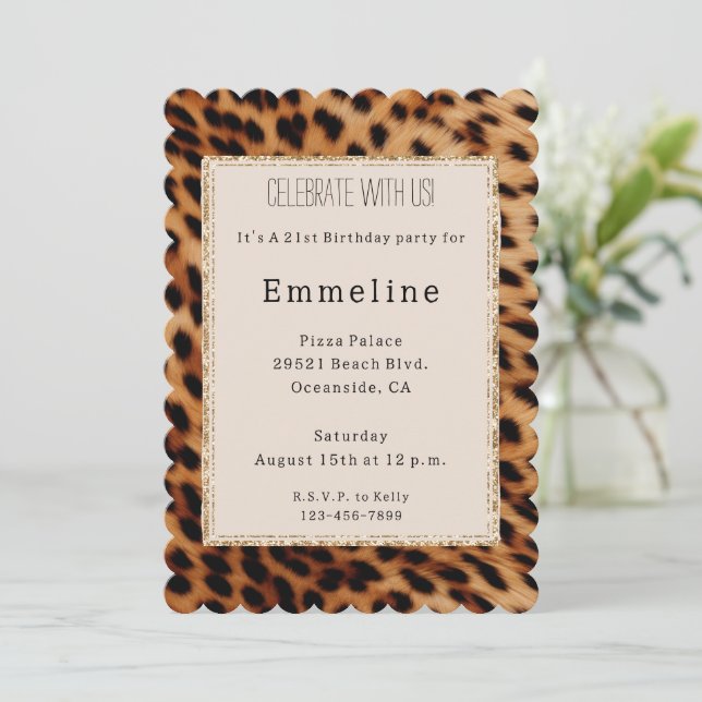 Cream Brown Black Leopard Gold Glitter Invitation (Standing Front)