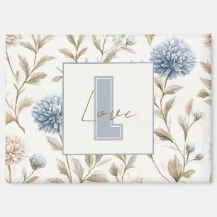 Cream Brown Blue Flowers Monogram Initial Love Magnet