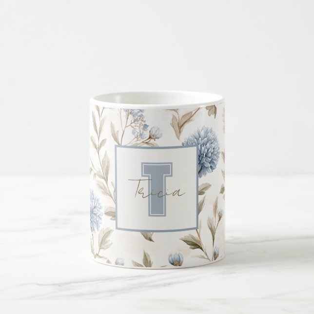 Cream Brown Blue Flowers Monogram Initial Name Coffee Mug (Center)