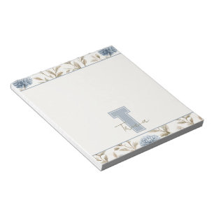 Cream Brown Blue Flowers Monogram Initial Name Notepad