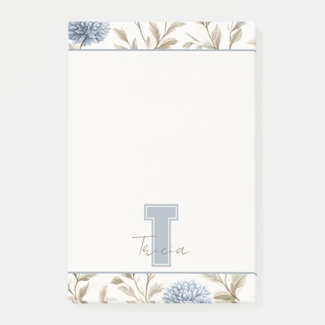 Cream Brown Blue Flowers Monogram Initial Name Post-it Notes (Front)