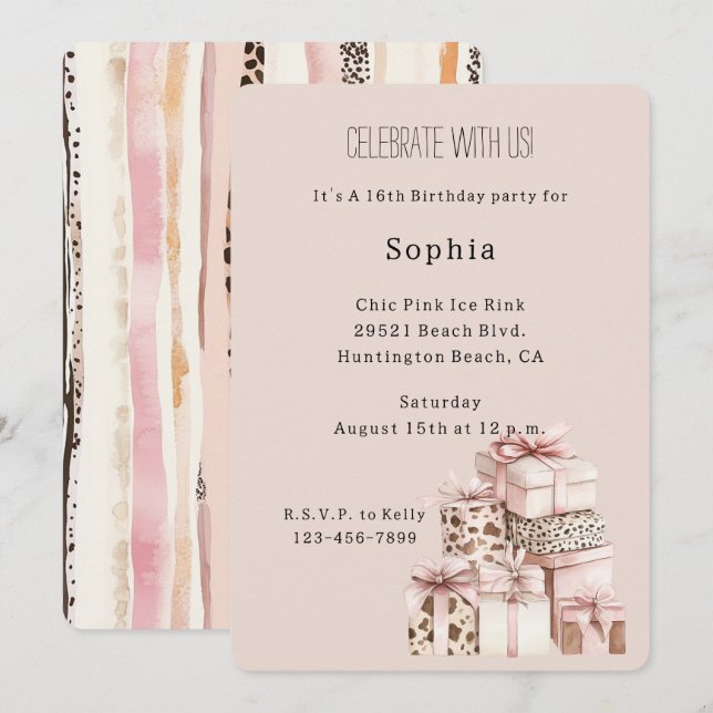 Cream Brown Blush Pink Leopard Gifts Birthday Invitation (Front/Back)