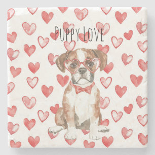 Cream Brown Boxer Red Heart Glasses Stone Coaster