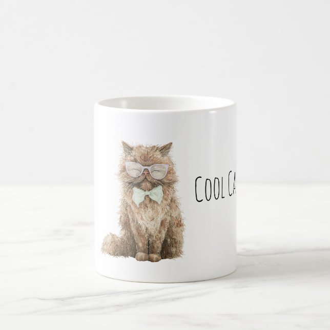Cream Brown Cool Cat Mint Bow Glasses Coffee Mug (Center)