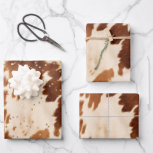 Cream Brown Cowhide Gold Tree Wrapping Paper Sheet