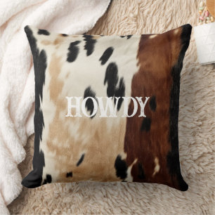 Cream Brown Cowhide Howdy Cushion