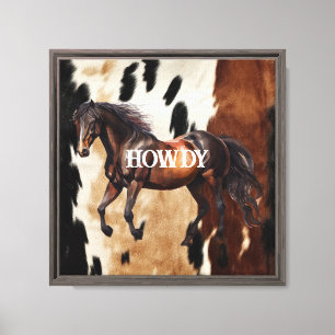Cream Brown Cowhide Howdy Horse Canvas Print