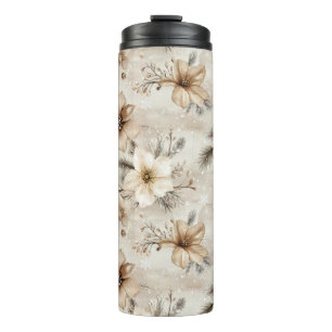 Cream Brown Floral Christmas Thermal Tumbler