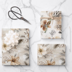 Cream Brown Floral Christmas Wrapping Paper Sheet