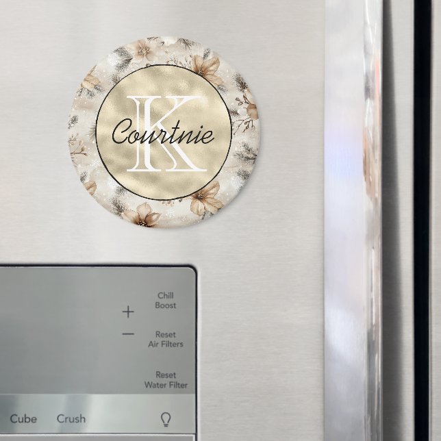 Cream Brown Floral Gold Monogram      Magnet (In Situ (Fridge))