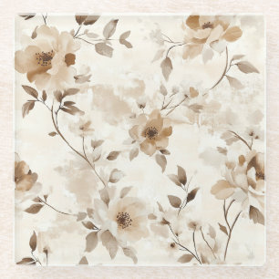 Cream Brown Flowers Glass Coaster