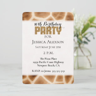 Cream Brown Giraffe Animal Gold Glitter Party Invitation