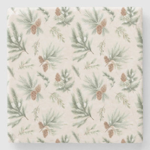 Cream Brown Green Christmas Pine Cones Stone Coaster