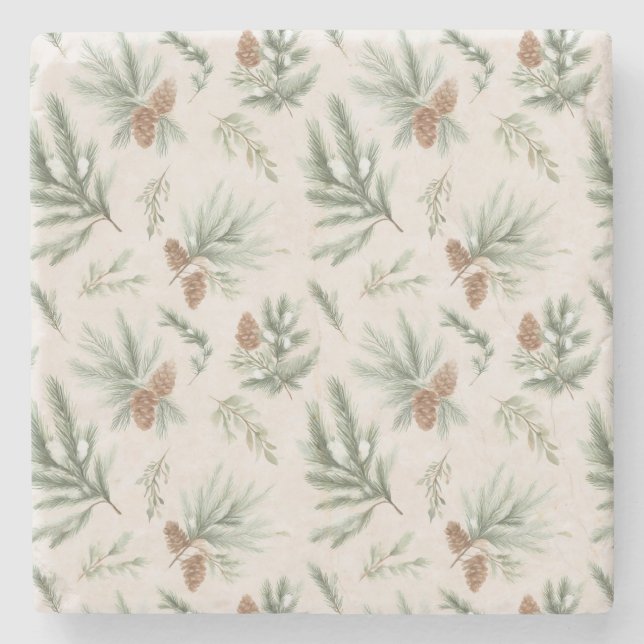 Cream Brown Green Christmas Pine Cones Stone Coaster (Front)