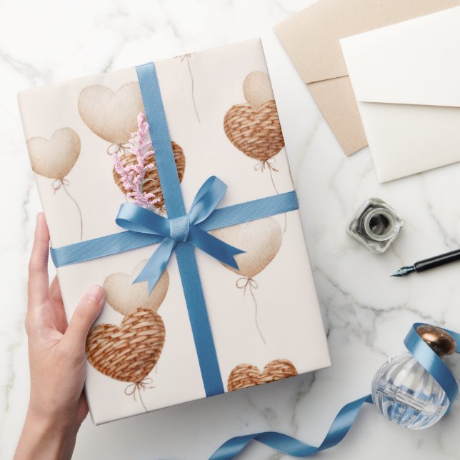 Cream Brown Heart Balloons Love in the Air Wrapping Paper (Gifting)