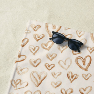 Cream Brown Hearts Valentine's Day Beach Towel