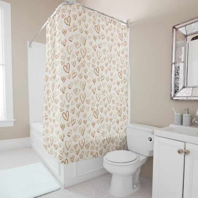 Cream Brown Hearts Valentine's Day Love Shower Curtain (In Situ)