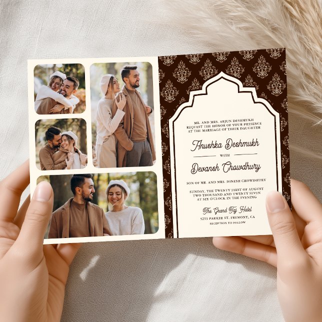 Cream Brown Ikat Photo Collage Indian Wedding Invitation (Creator Uploaded)