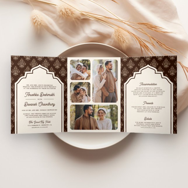 Cream Brown Ikat Photo Collage Indian Wedding Tri-Fold Invitation (Creator Uploaded)