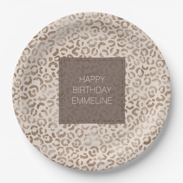 Cream Brown Leopard Print Birthday   Paper Plate (Front)