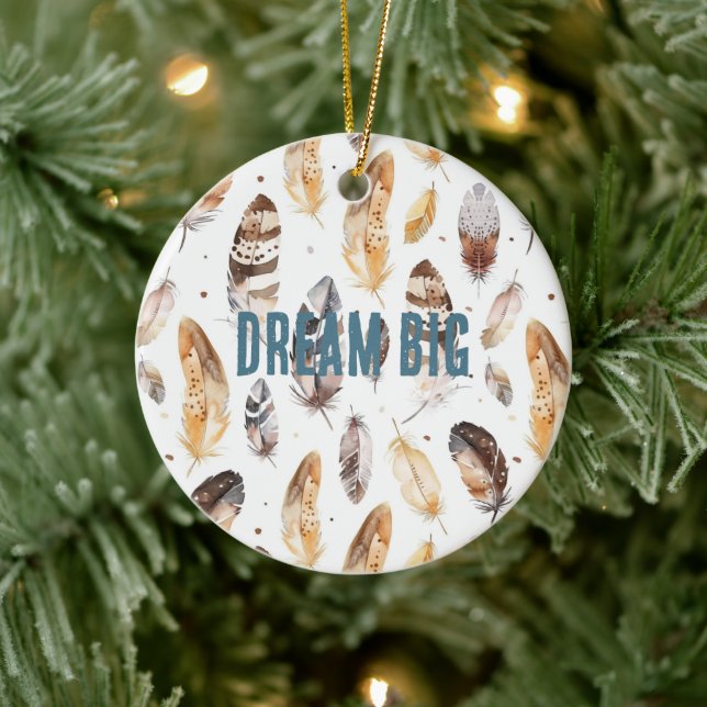 Cream Brown Native Tribal Feathers Christmas Ceramic Ornament (Tree)