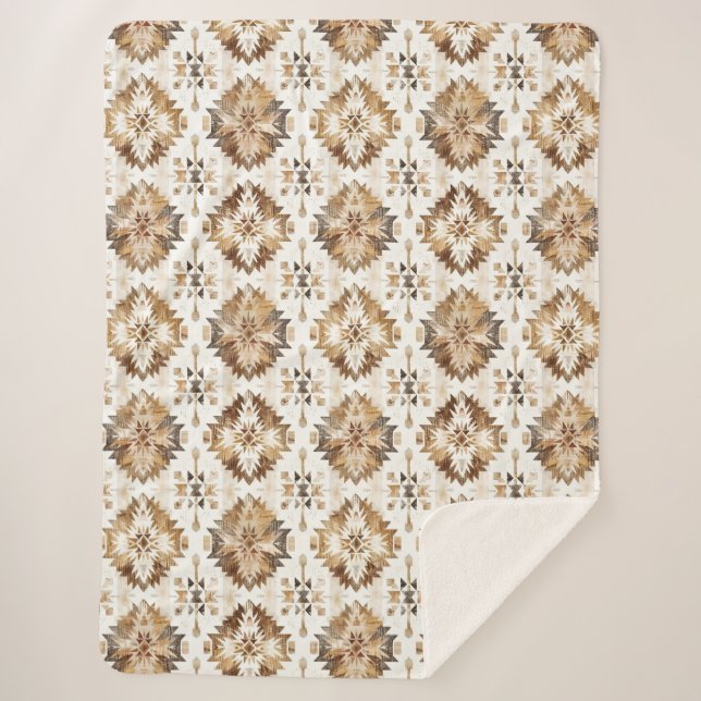 Cream Brown Native Tribal Sherpa Blanket (Front)