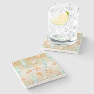 Cream Brown Ombre Shells Seahorse Stone Coaster