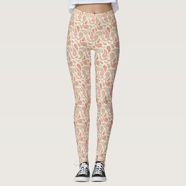 Cream-Brown Paisley Pattern Leggings (Front)