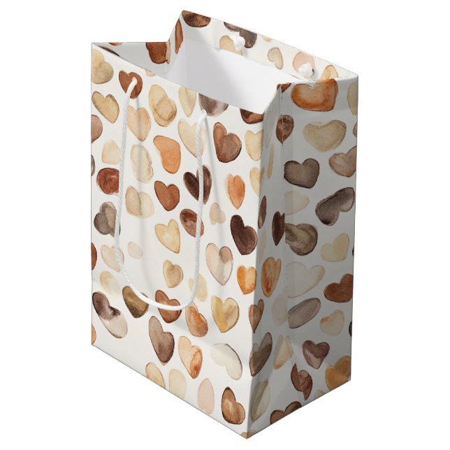 Cream Brown Peach Coffee Beans Hearts Birthday Medium Gift Bag (Front Angled)
