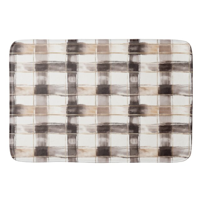 Cream Brown Plaid Stripes   Bath Mat (Front)