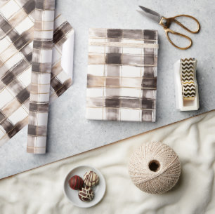 Cream Brown Plaid Stripes Birthday Wrapping Paper