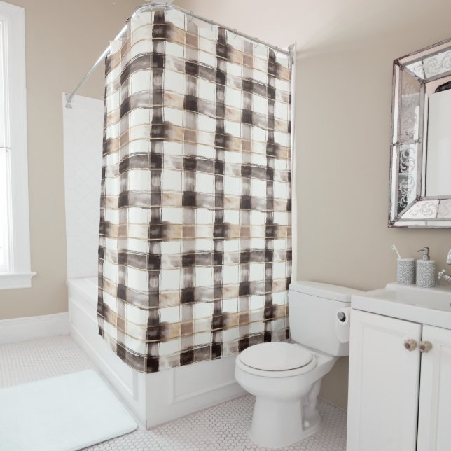 Cream Brown Plaid Stripes   Shower Curtain (In Situ)