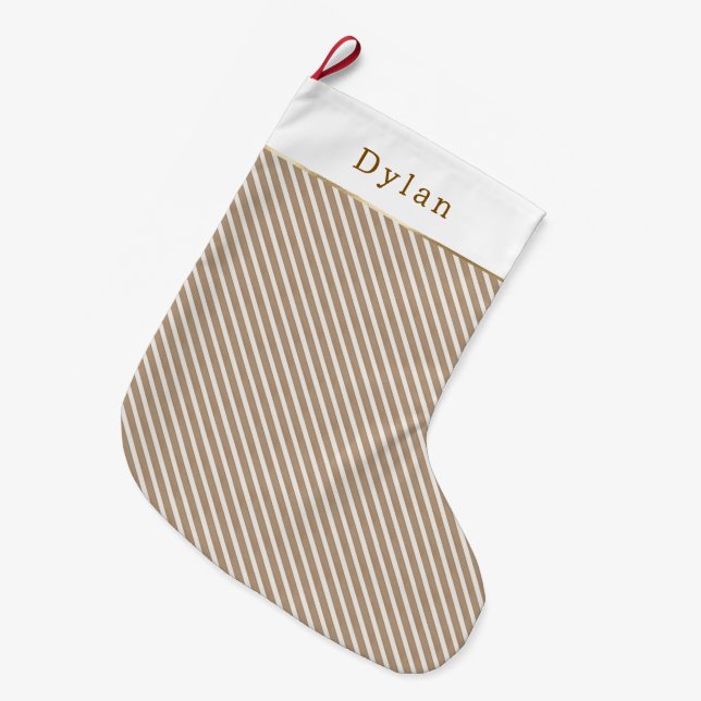 Cream Brown Stripes Christmas Large Christmas Stocking (Front (Hanging))