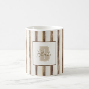 Cream Brown Stripes Monogram Initial Name Coffee Mug