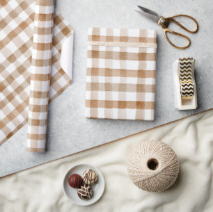 Cream Brown Stripes Tan Plaid Birthday Wrapping Paper