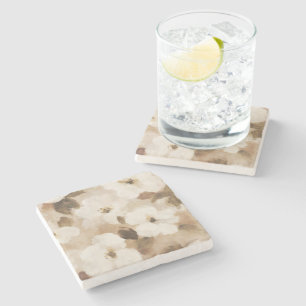 Cream Brown Tan Abstract Flowers Stone Coaster