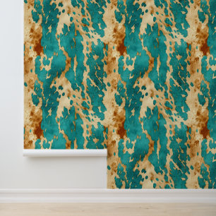 Cream Brown Teal Cowhide Wallpaper