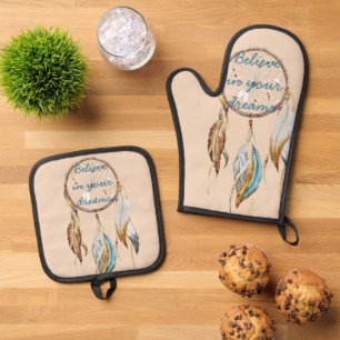 Cream Brown Turquoise White Feathers Dream Catcher Oven Mitt & Pot Holder Set