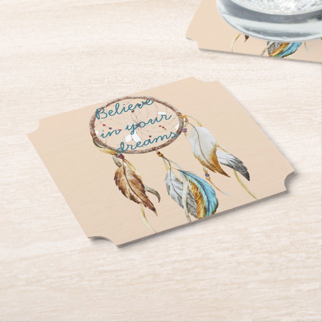 Cream Brown Turquoise White Feathers Dream Catcher Paper Coaster (Angled)
